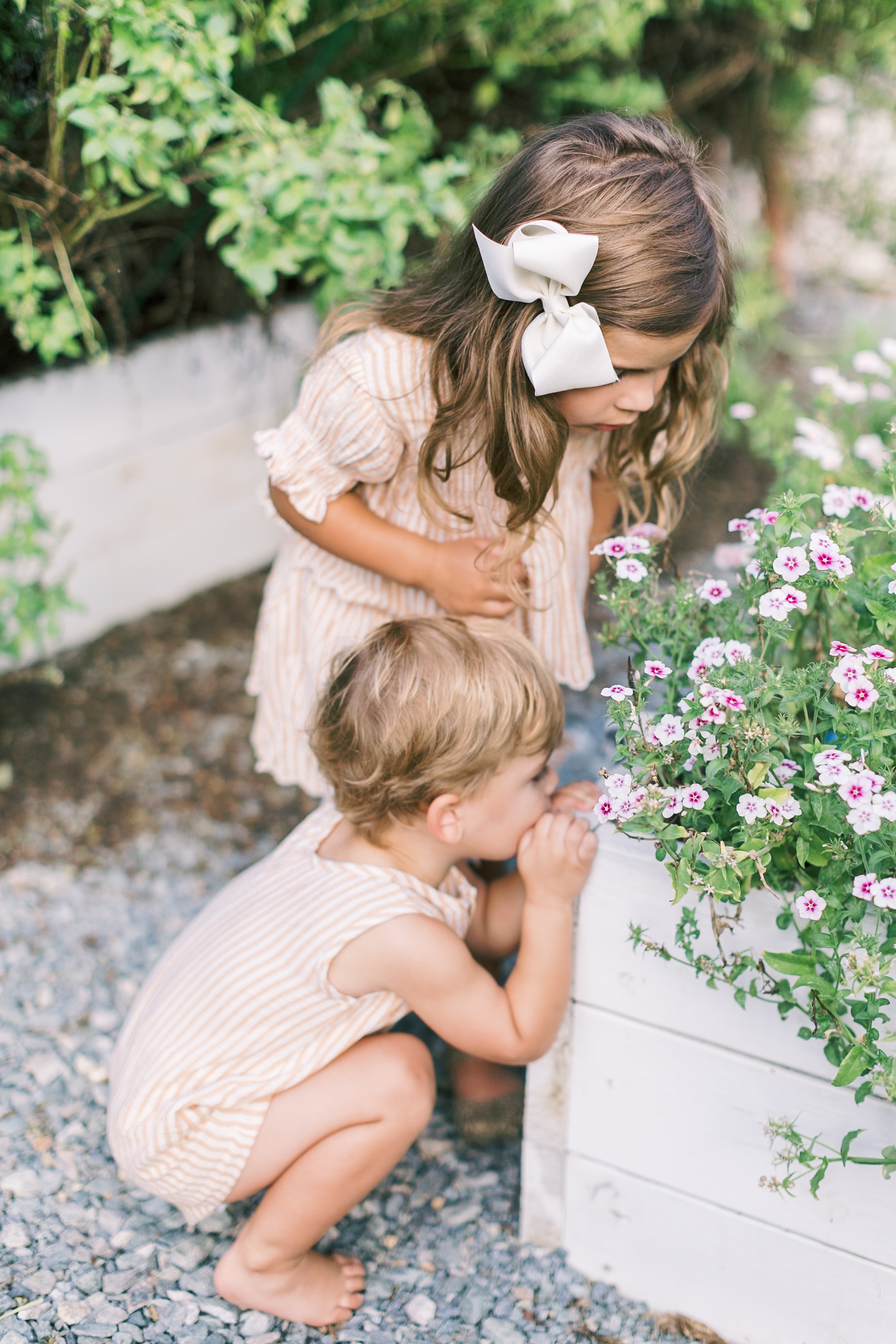 Toddler brother and sister in matching outfits explore some pink and white flowers in a garden