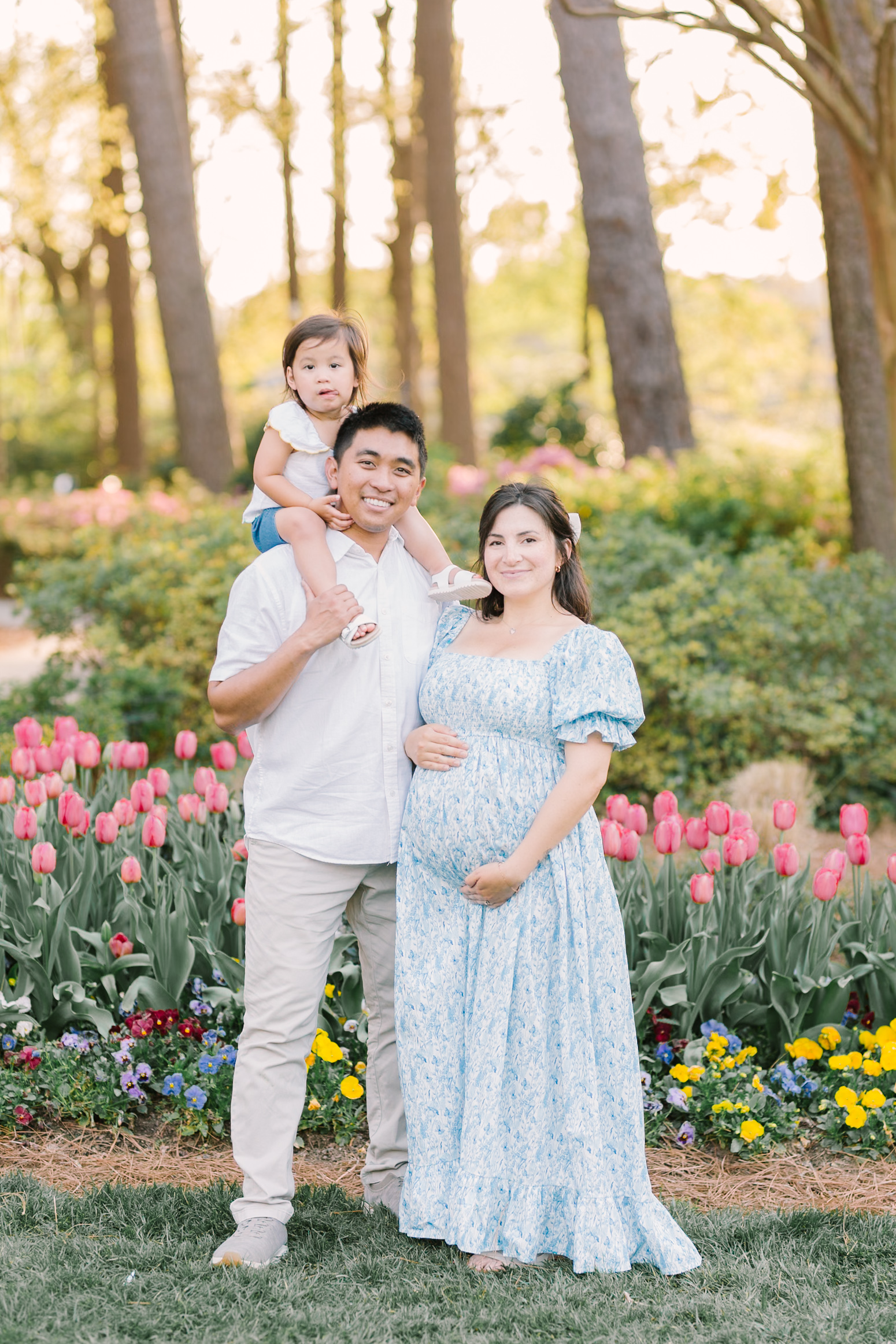 A toddler sits on dad's shoulders while standing in a flower garden at sunset with pregnant mom in a blue dress