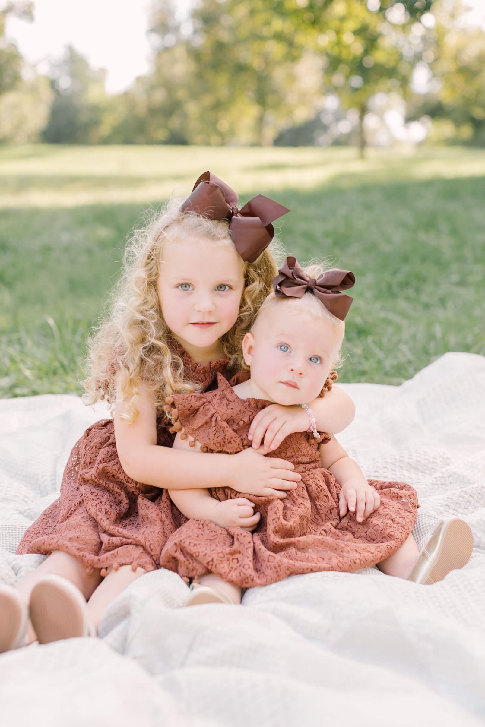 A toddler girl in a brown dress hugs her baby sister while they sit on a picnic blanket in a park after some strawberry picking in raleigh, nc