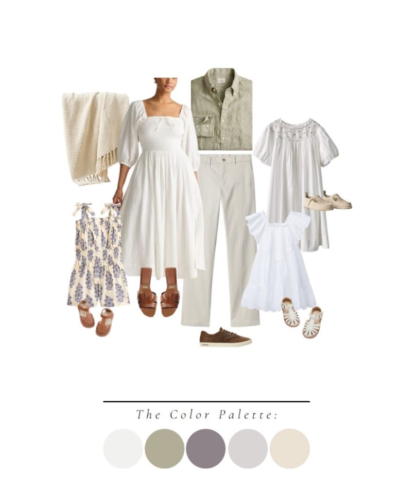 Maternity photo outfit ideas mood board featuring soft ivory, sage green, and neutral color palettes for a timeless maternity session.