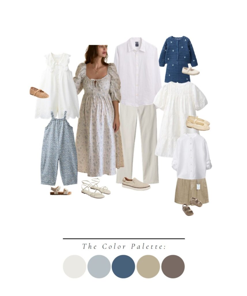 Maternity photo outfit ideas with light blue, cream, and neutral tones for coordinated family and maternity portraits.