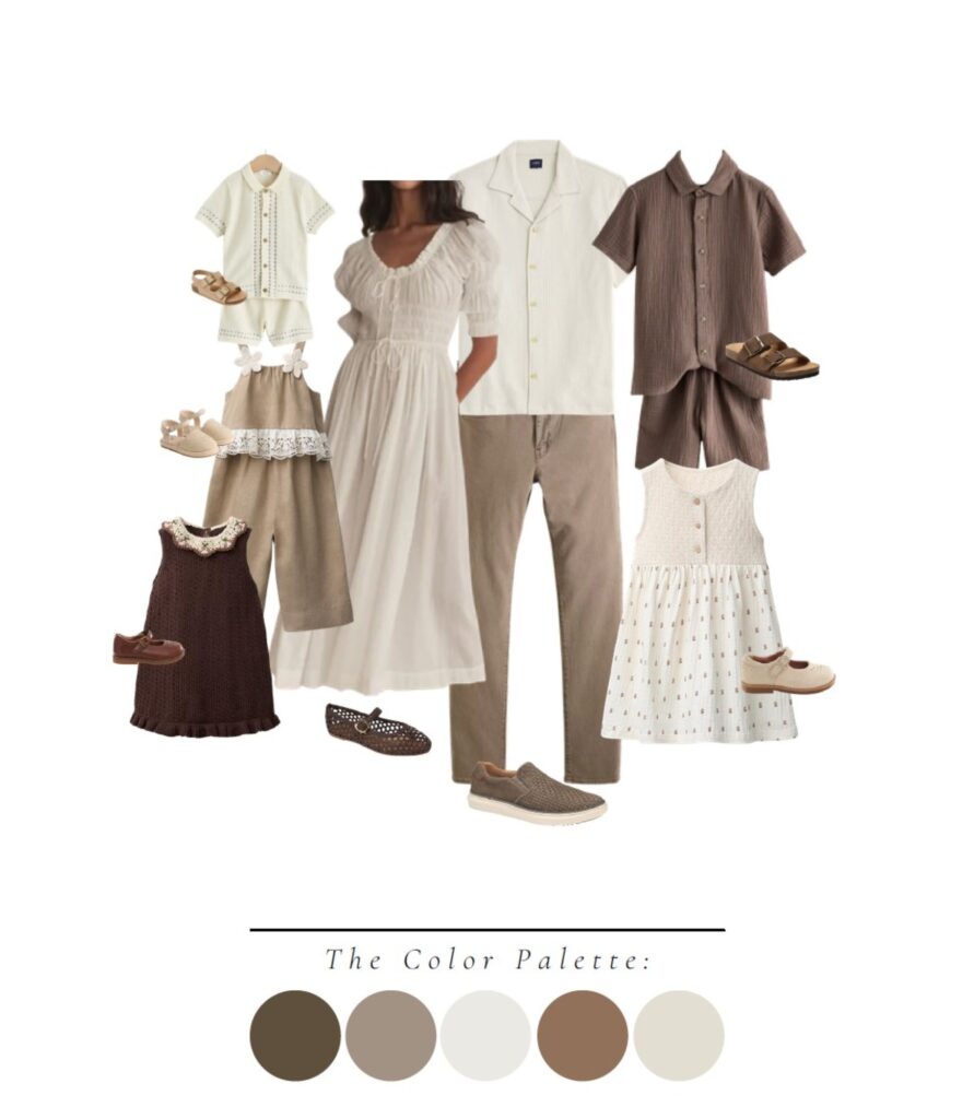 Maternity photo outfit ideas mood board featuring warm neutrals, earthy browns, and elegant outfit inspiration for expecting mothers.