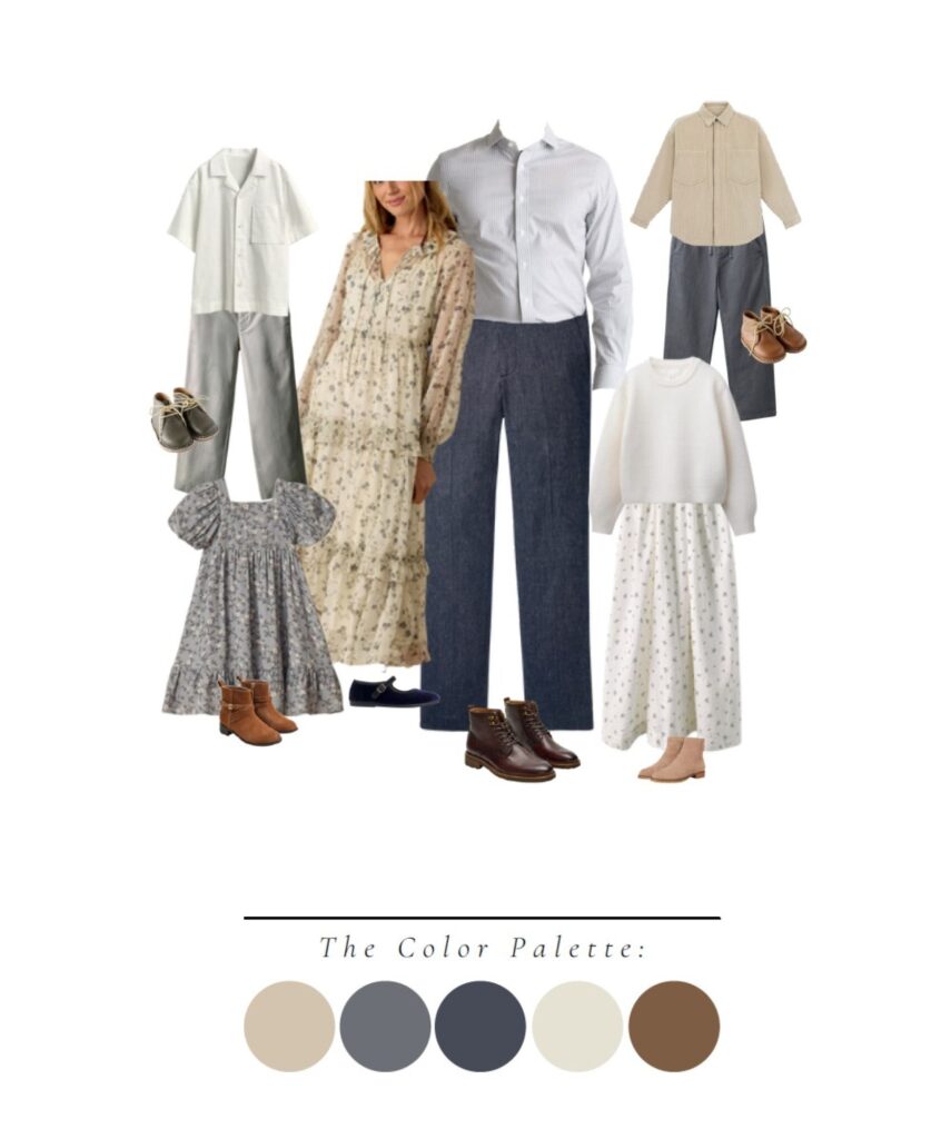Maternity photo outfit ideas mood board with cream, beige, and navy color palettes for timeless family and maternity photos.