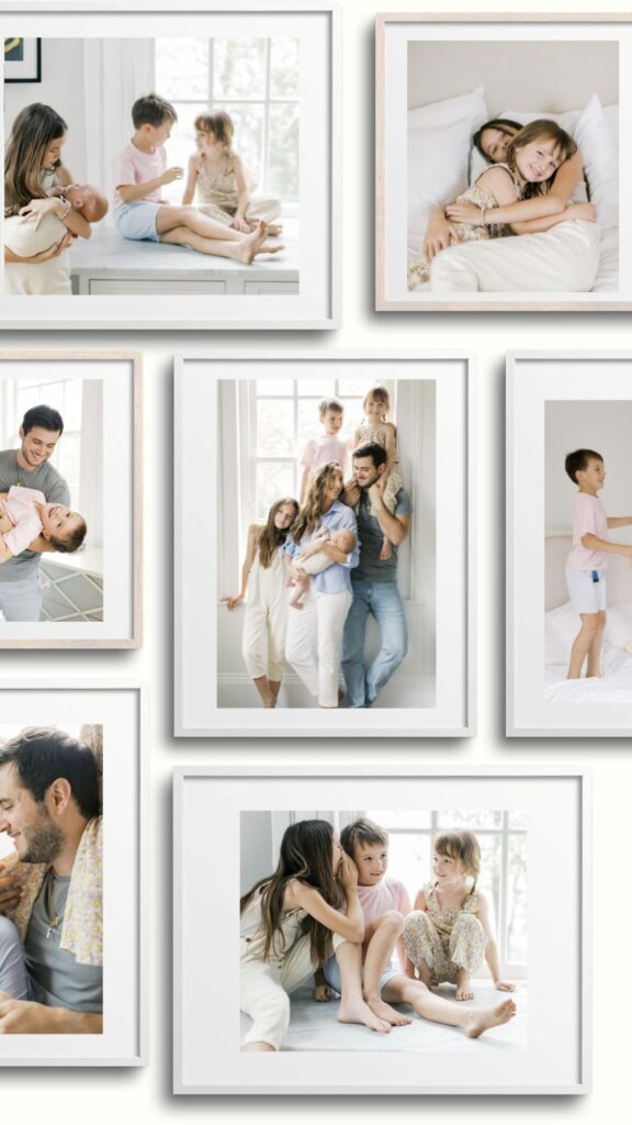 Photo gallery wall ideas featuring a collection of framed family portraits displayed in a timeless vertical arrangement by Lindsey Lambert Photography.