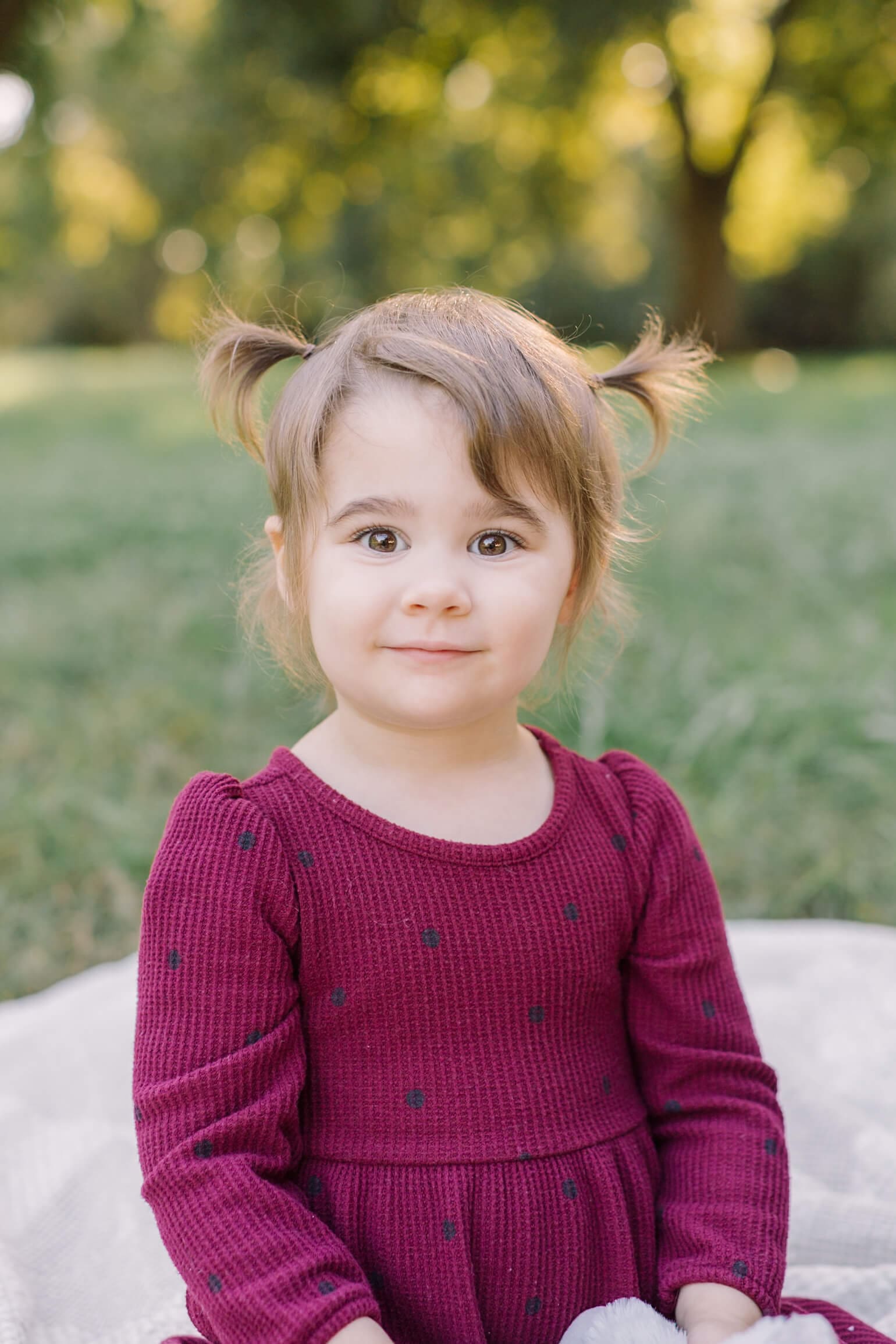 A young toddler girl smiles in a purple dress on a picnic blanket in a lawn before visiting a pumpkin patch in raleigh